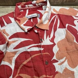 Tommy Bahama‎ Short Sleeve Shirt Men Medium Red Linen Pocket Monstera Leaf EUC